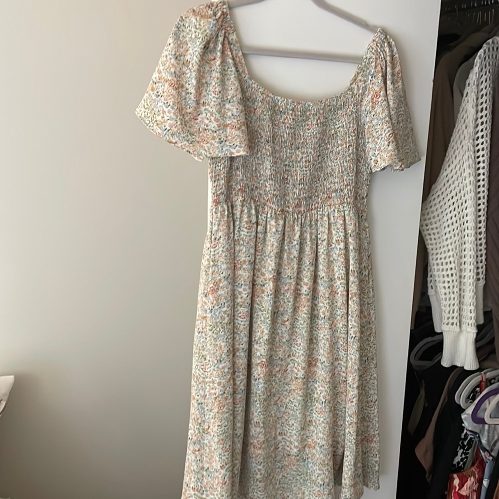 Pink Blush Smocked Floral Dress with Flutter Sleeves